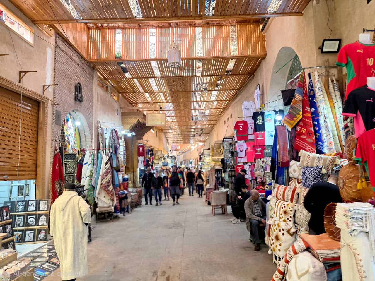 Textile and craft stalls lining a covered medina street
